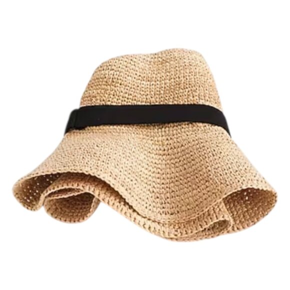 J. Crew Wide Brim Packable Straw Raffia Hat Natural Travel Vacation S/M - Picture 2 of 8